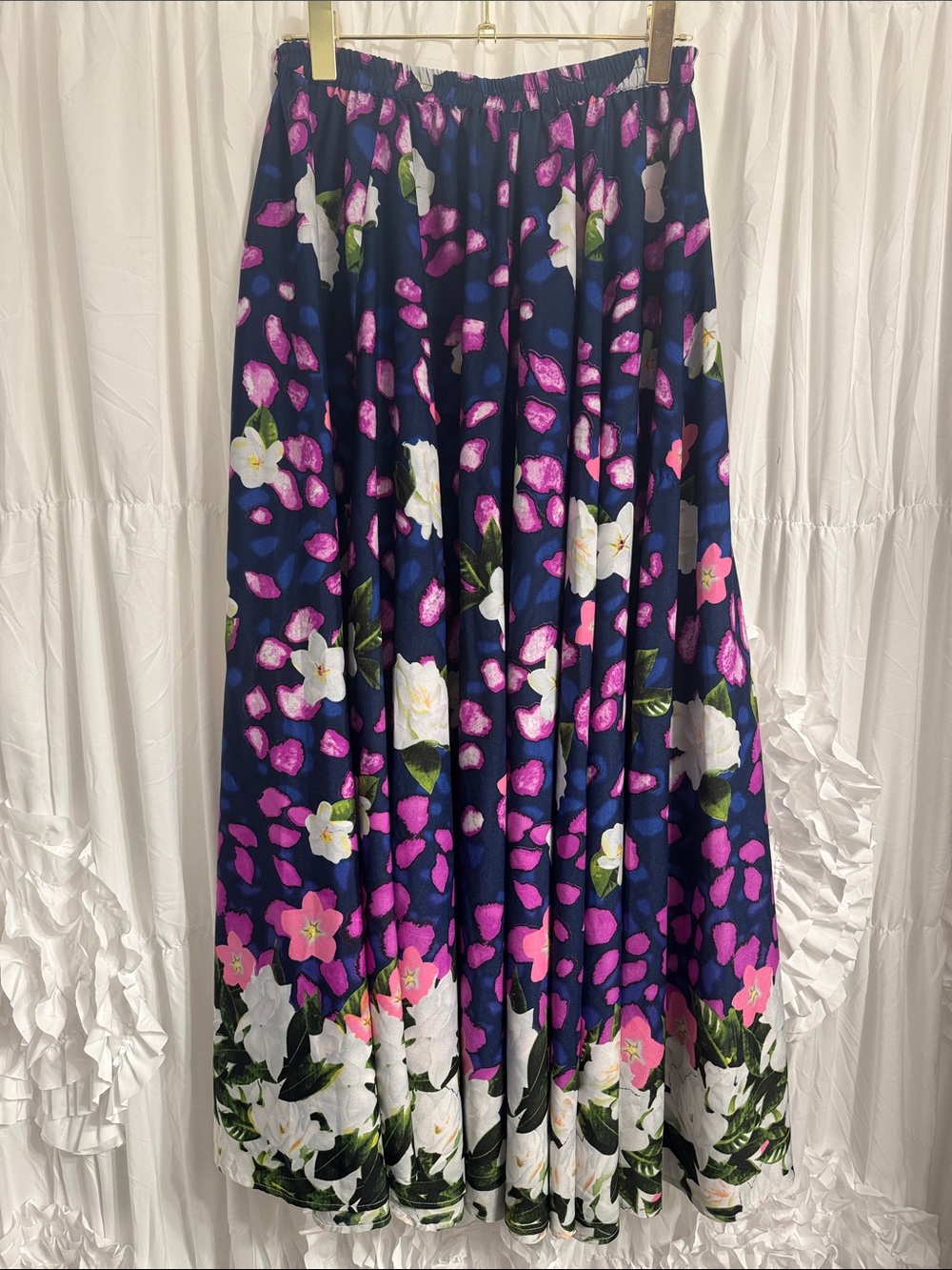 Floral Navy Maxi Skirt with Pink Accents